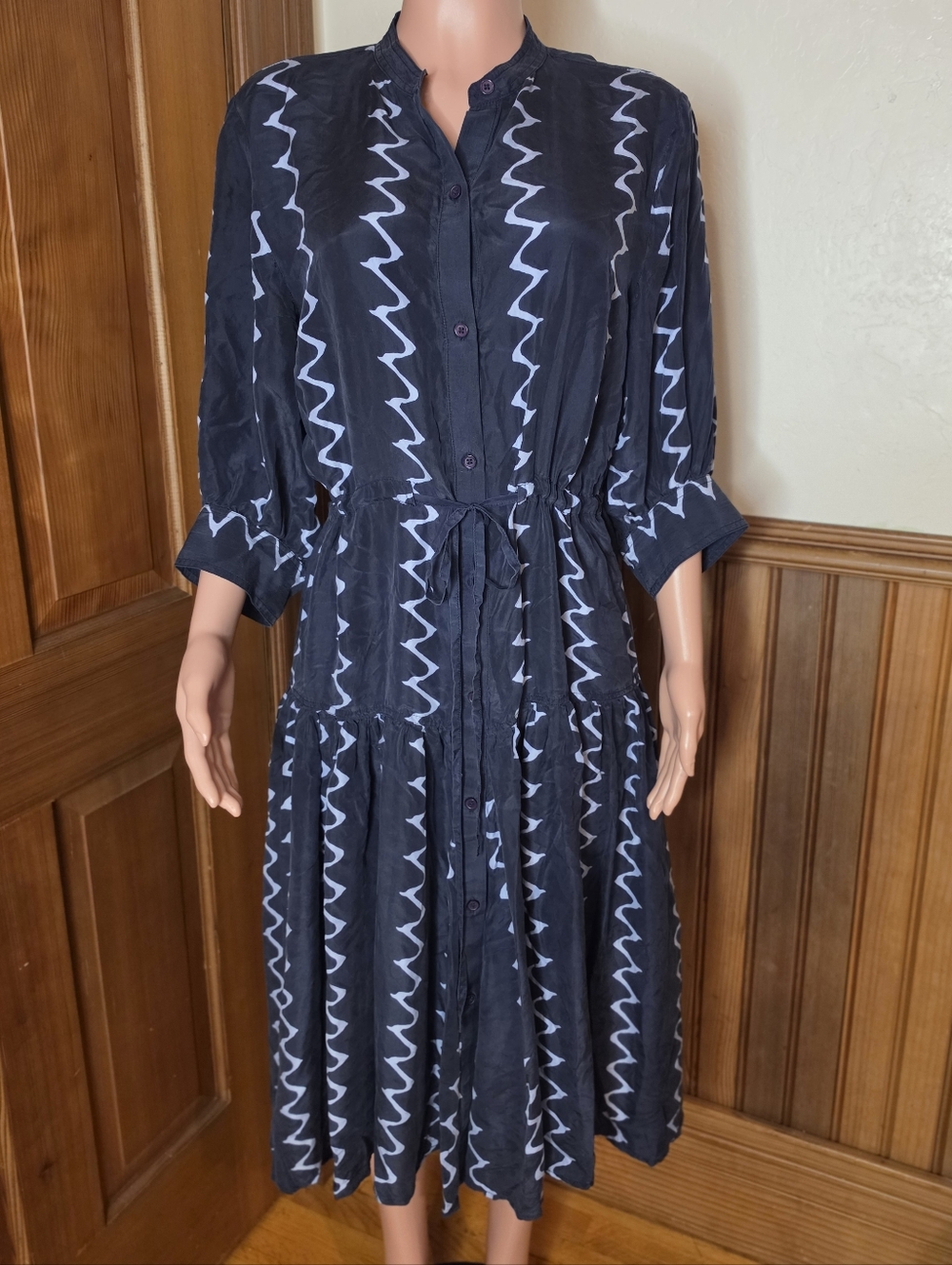 Apiece Apart Navy Zigzag Midi Silk Dress with Tie Waist 4 - Picture 7 of 10